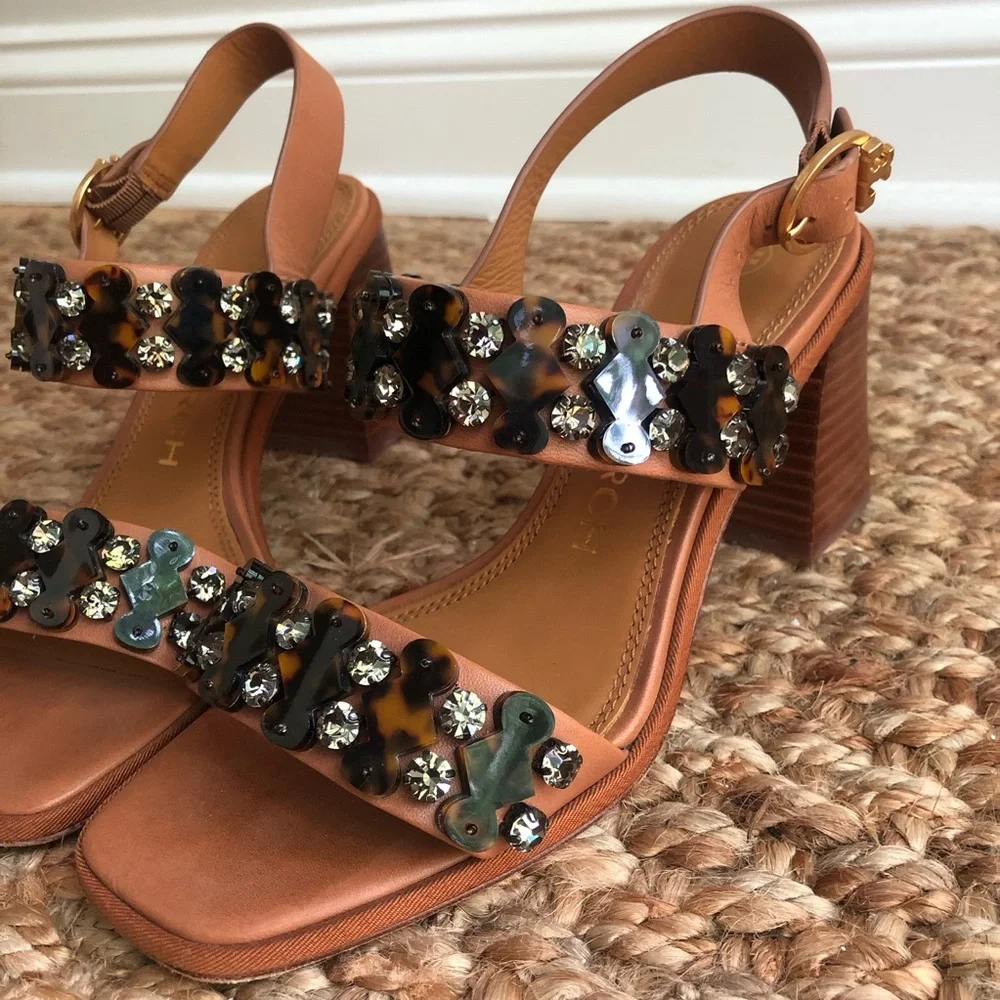 Tory Burch Delaney Embellished Heeled Sandal. Calf Leather. Size 6.5